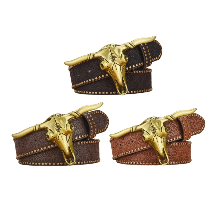 Adult Waist Belt with Embossed Pattern Western PU Belt for Fashion Enthusiasts