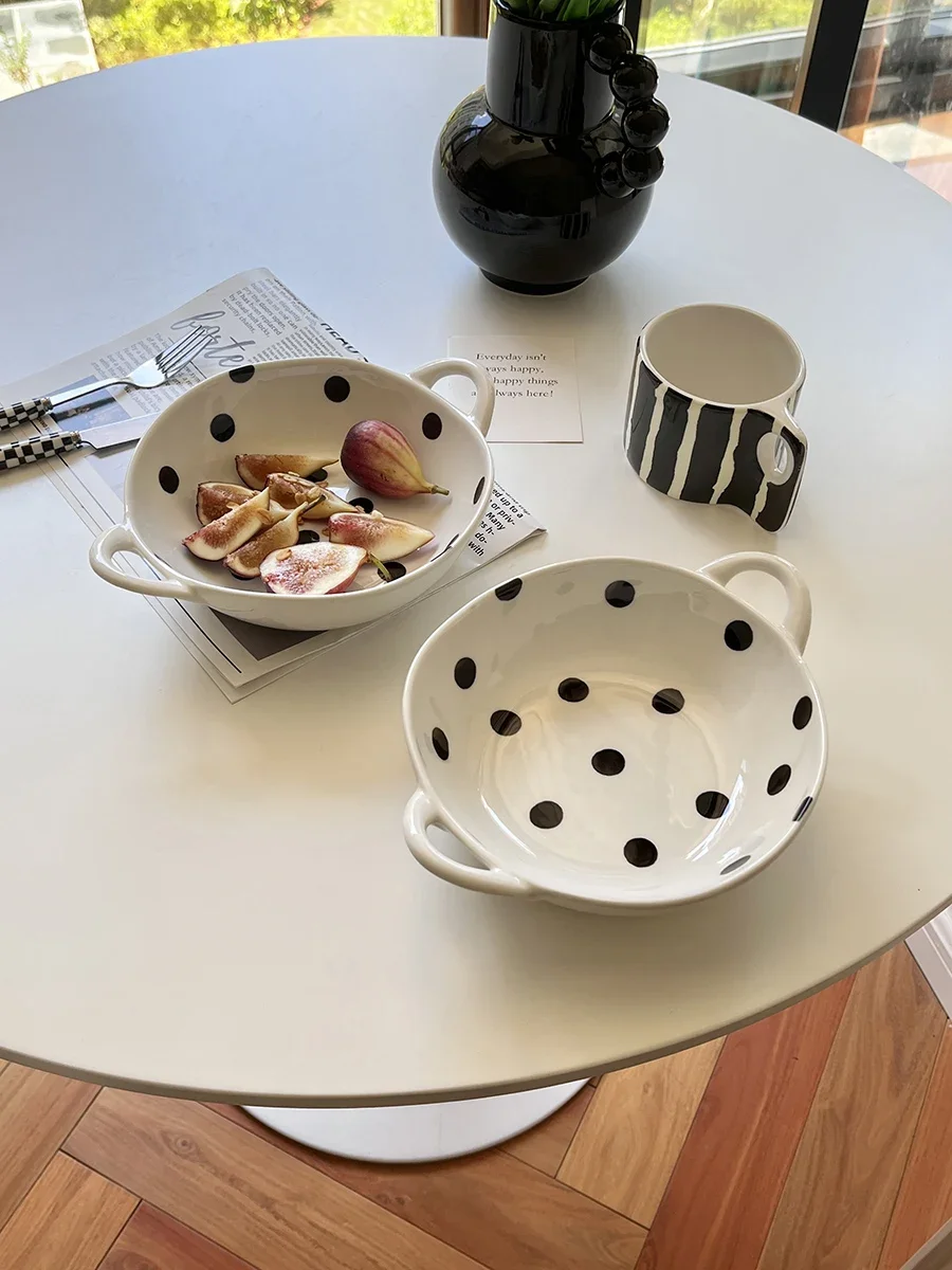 Hepburn Polka Dot Binaural Abnormal-Shape Bowl Ceramic Creative Hand-Painted Salad Bowl Baking Pan Fruit Salad Bowl Light Foo...