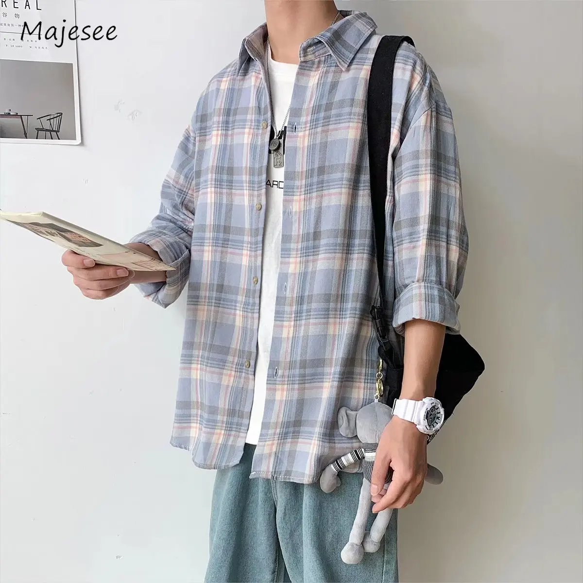 Plaid Shirts Men Harajuku Hot Sales College Unisex Spring Autumn Basic Males Tops Long Sleeve Cozy All-match  Clothing Ins