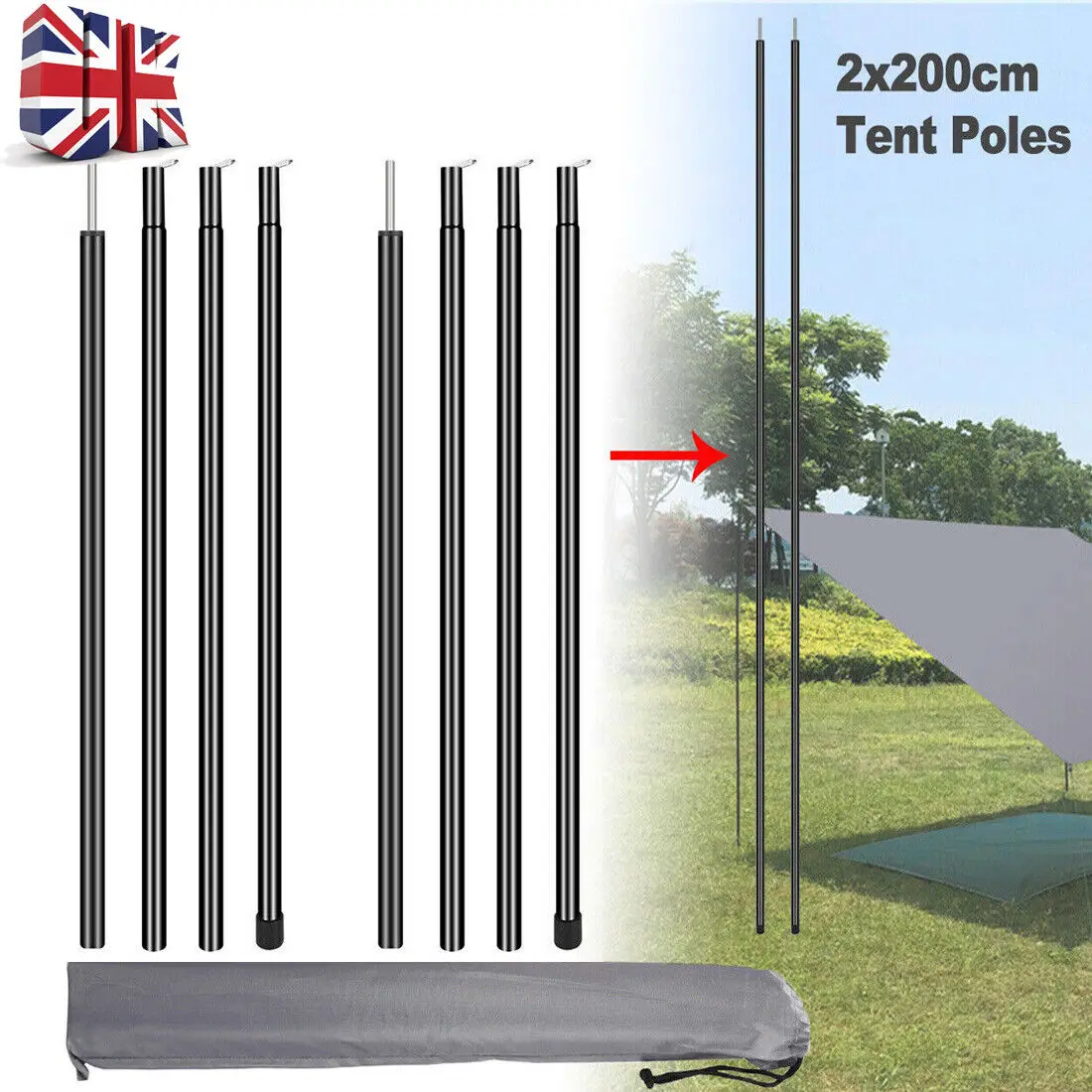 2PCS 200CM Adjustable Portable Telescopic Steel Tent Poles Awning Camping UK