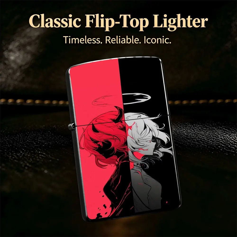 Pocket Lighter, Flip-Top Windproof Design, Anime Couple Red & Black Print, Metal Case, Comfortable Grip, Adjustable Flame, Portable & Durable