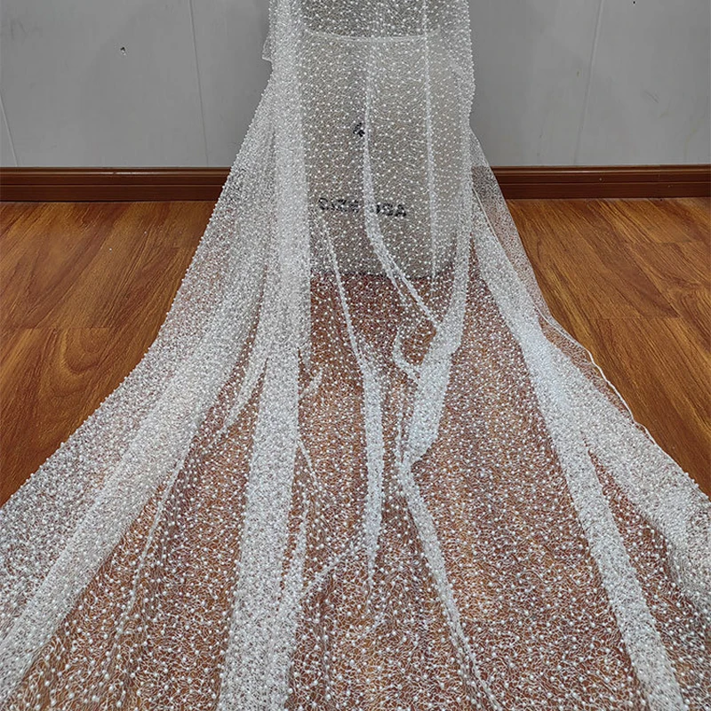 High Quality Bead Fabric Designer Custom Women Hollow White Pearl Lace Mesh Gauze Wedding Dress DIY Lace Clothing Accessories