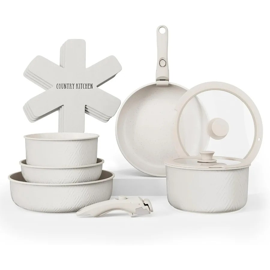 

Cookware Set with Removable Handle, Oven & RV Safe Pots and Pans Set, Cream Rhombus, Original