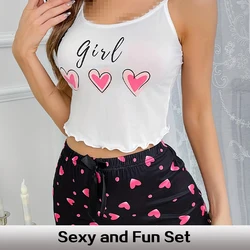 Heart-Shaped Printed Patterns Paired with Sleeveless Round Neck Suspender Top and Casual Home Shorts for Women's Pajama Set