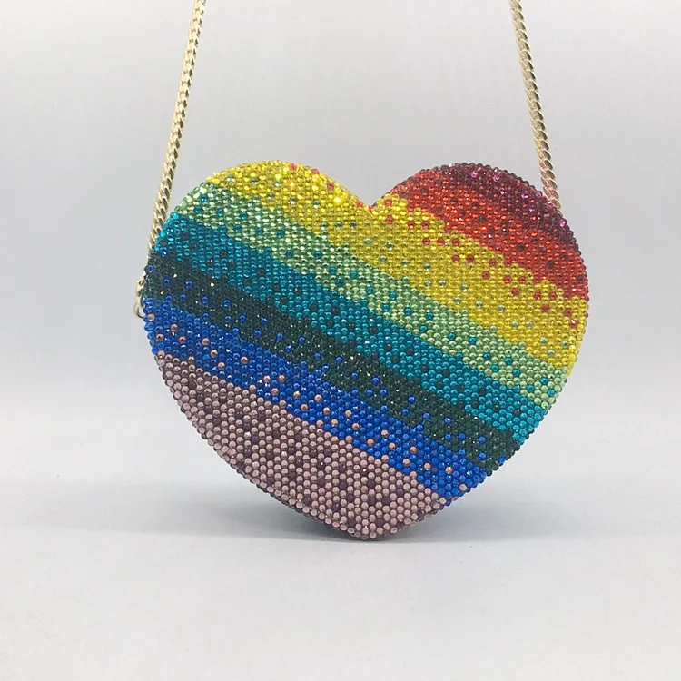 Rainbow Heart Women Luxury Crystal Evening Clutch Bags Hard Case  Rhienstones Party Handbag Purse