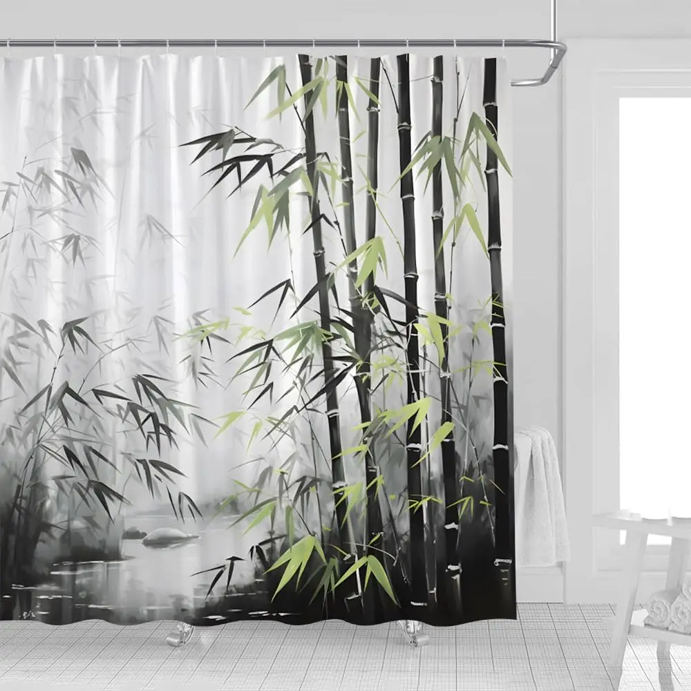 

Бамбуковая занавеска для душа в стиле ретро, бамбуковый лес, зеленый, серый лист, река, винтажная азиатская японская картина тушью, дзен-спа, расслабляющая ткань