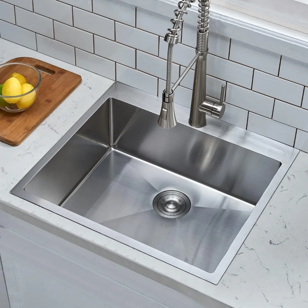 Fregadero de cocina suspendido de 25x22 pulgadas, montaje superior de acero inoxidable 304 de calibre 16, fregadero de utilidad para lavandería RV de 25 pulgadas, níquel cepillado