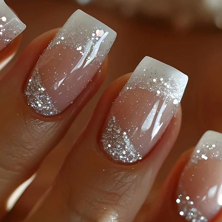 24 pièces moyen Long brillant carré scintillant blanc Style français portant des ongles, faux ongles doux et doux, Nail Art de mariée pour femmes