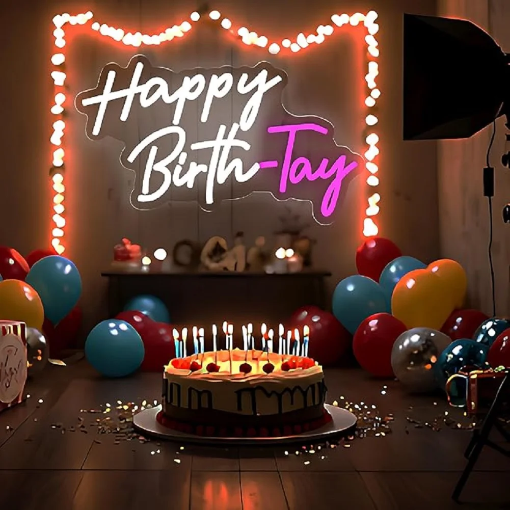 LED Neon Happy Birthday Sign, Nachtlampje, Feestdecoratie, Wit, USB-aangedreven, Decoratief voor Achtergrond, Slaapkamer Wanddecoratie 5V