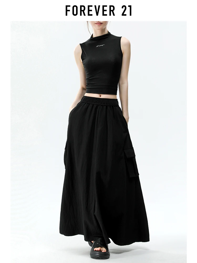 Saia Feminina Preta Estilo Americano Forever 21, Modelo Solto para Trabalho, Nova Coleção de Verão, Cintura Elástica, Comprimento Médio, Efeito Emagrecedor