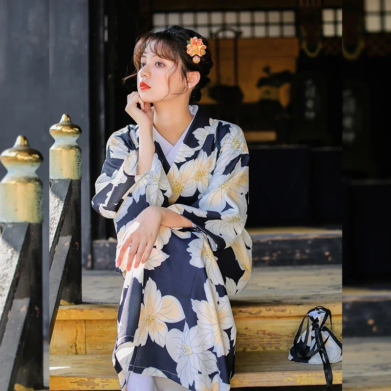 Japanese Traditional Kimonos Robe Dress for Women Spring Vintage Geisha Print Flower Cosplay Yukata Stage Performance Costume