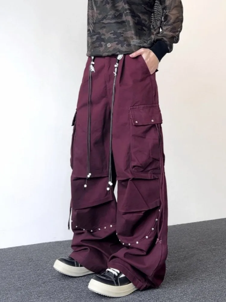 Hip Hop Vintage Mens Wide Leg Pants Loose Fit Streetwear Multi Pocket Casual Cargo Pants Tassel Spliced Spring Cotton Trousers