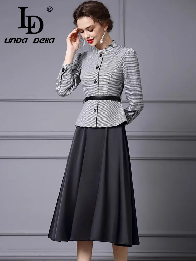 Ld linda della design feminino de alta qualidade gola manga comprida cetim retalhos falso vestido de duas peças com faixas de cintura alta