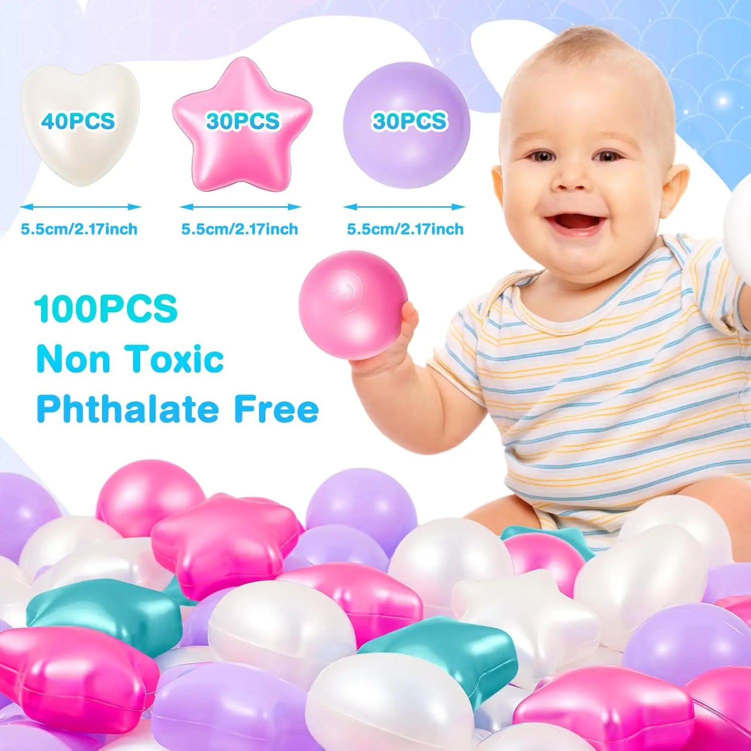 100 peças bola de plástico para crianças criança 2.17 '' estrela formato de coração brinquedo para cercadinho piscina inflável pulseira de amizade nascimento