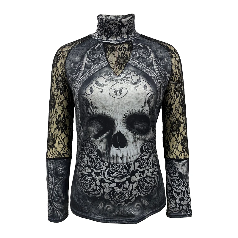 Summer Fashion Women Lace TurtleNeck Skull & Flower Print T-shirt Gothic Hollow Short Sleeve Tops