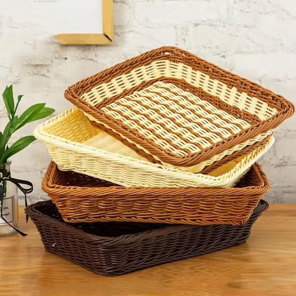 Multicolor Kitchen Storage Basket Woven Pattern Plastic Display Basket Vegetables Candy Snacks Rectangle Organization Box