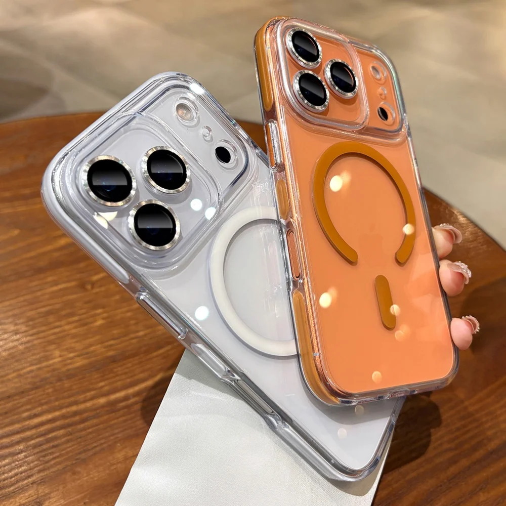 滑り止めバンパー付き透明Magsafeケース iPhone 16 14 15 Plus用 磁気充電カバー iPhone 14 15 16 13 Pro Max Air用