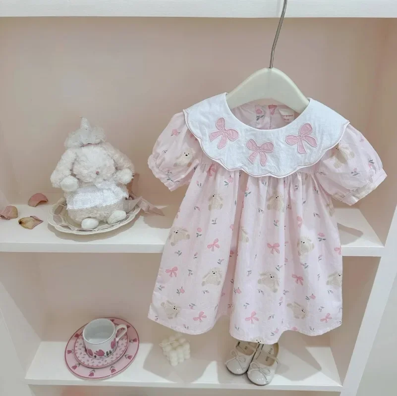 Summer 2025 Kids Clothes for Baby Girls Dress Cute Cartoon Rabbit Bow Floral Dress Sweet Party Dresses Lolita Dress 2-8y