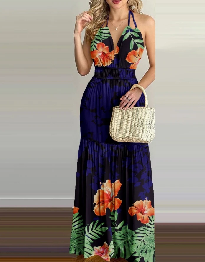 Women's Dress Tropical Print Halter Backless Maxi Dress 2024 Spring/summer Latest Sleeveless Tied Detail Vacation Long Skirt