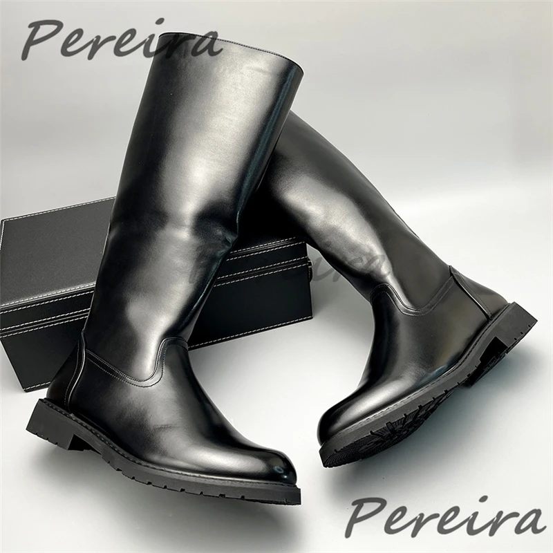 Autumn Winter Warm Men's Knee High Boots Black Leather Thick Soled Side Zipper Long Boots Trendy Versatile Men's Shoes Big Size