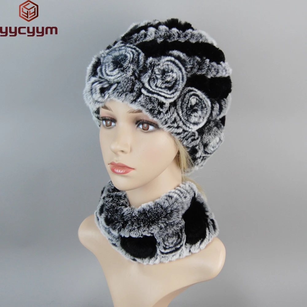 Fashion Girl Fur Cap Lady Winter Natural Real Rex Rabbit Fur Hat Scarf Suit High Quality Women 100% Genuine Fur Hat