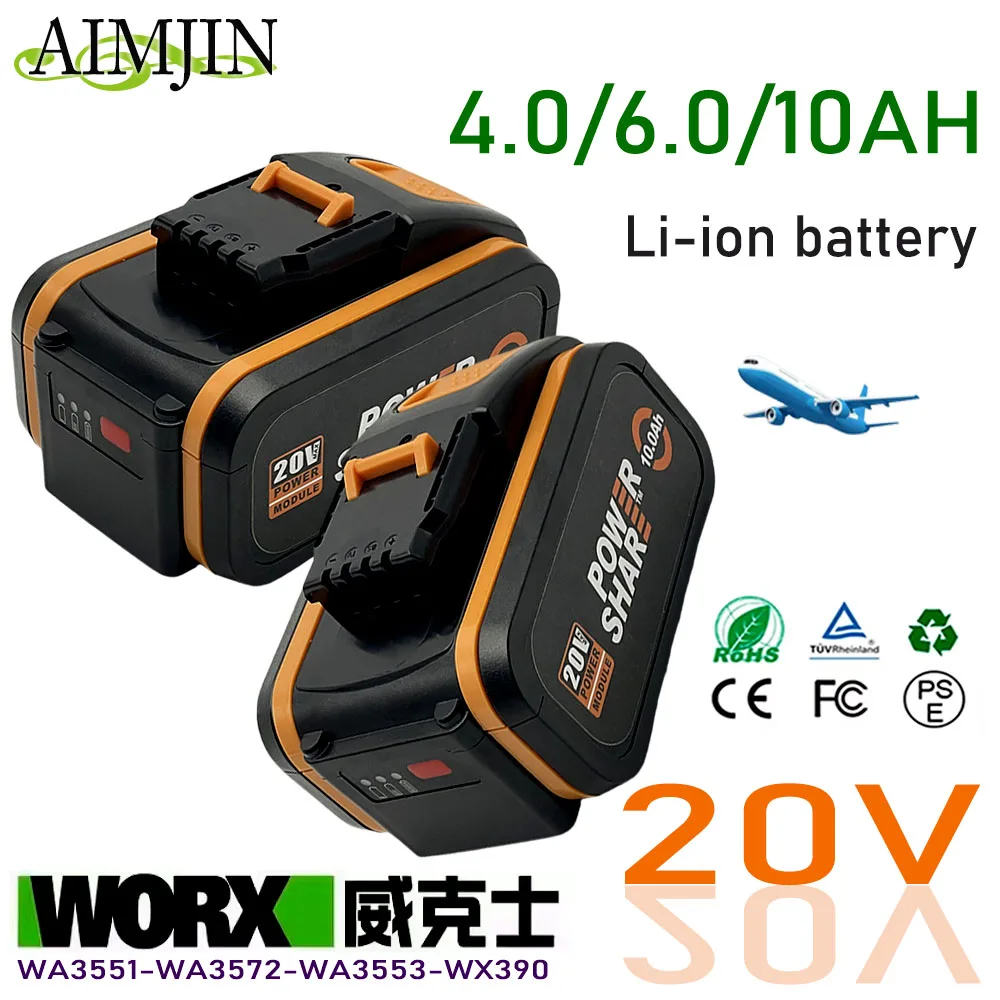 for WORX 20V 4.0/6.0/10Ah Lithium Battery Rechargeable WA3553 WA3551 WA3553.1 WA3570 for All WORX Electric and Garden Tools