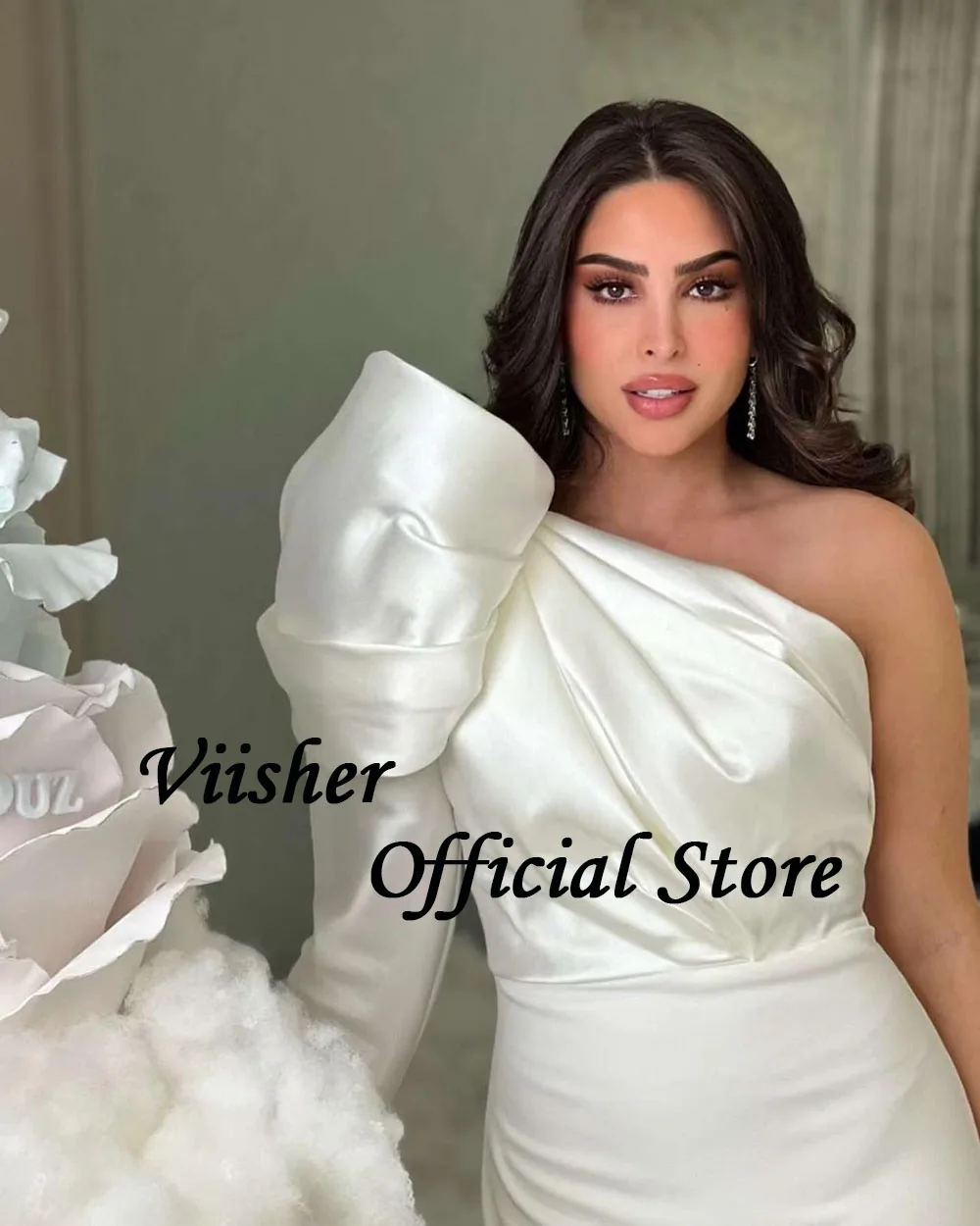 Viisher White One Shoulder Mermaid Evening Dresses Pleats Satin Bodycon Long Formal Prom Dress Floor Length Arabic Party Gown