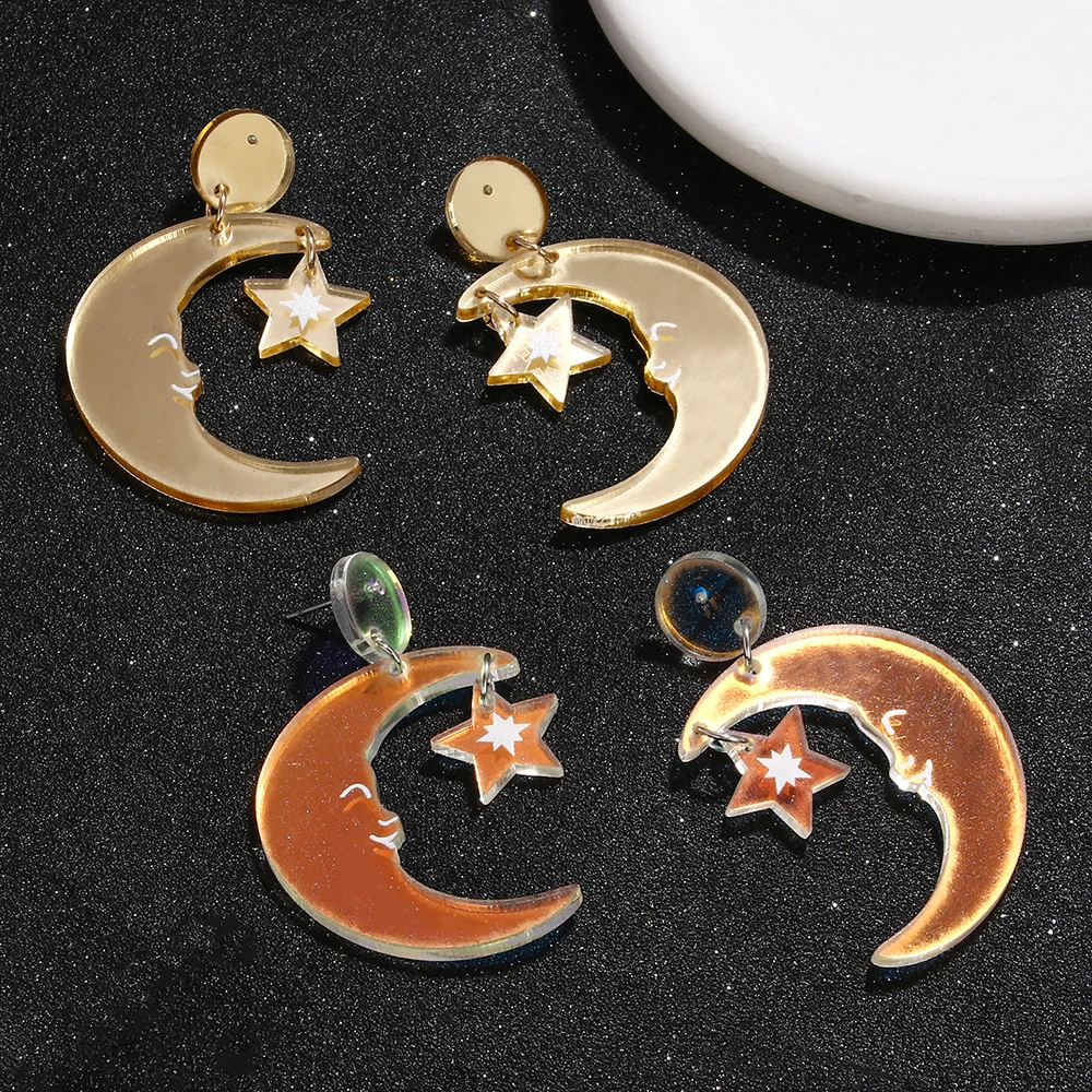 WELBACK 1 Pair of Mirror Moon Star Hollow Earrings Dazzling Plate Acrylic Earrings Ramadan Season Gift