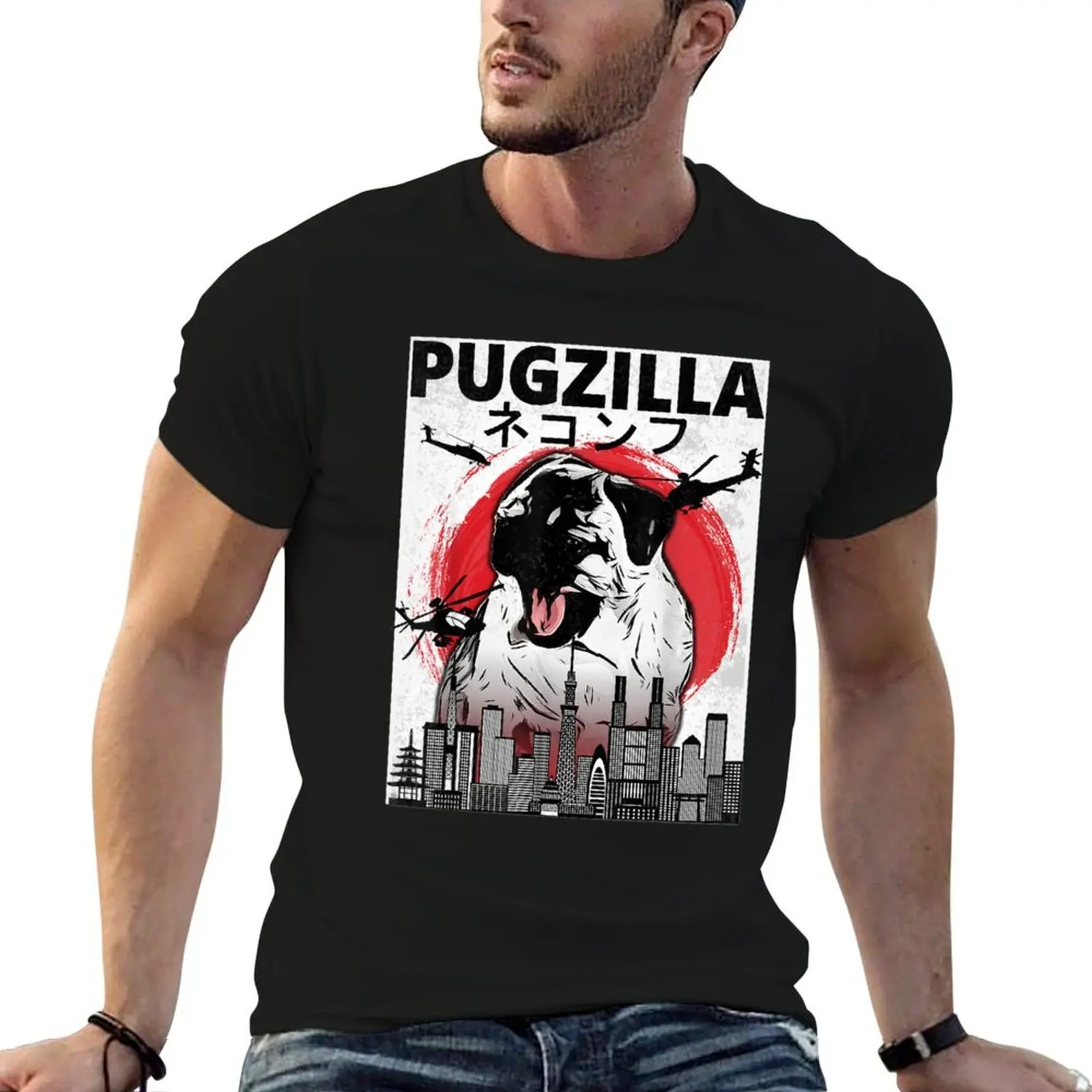 

Vintage Pugzilla Japanese Sunset Style Dog Pug Lover T-Shirt t shirt man cotton essential t shirt T-Shirt