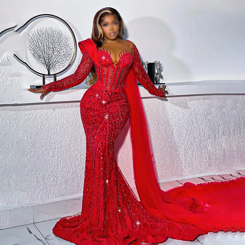 

Customized Red Long Sleeves Evening Dresses Formal Party Prom Gowns Mermaid Sequined Evening Prom Dresses For Black Women