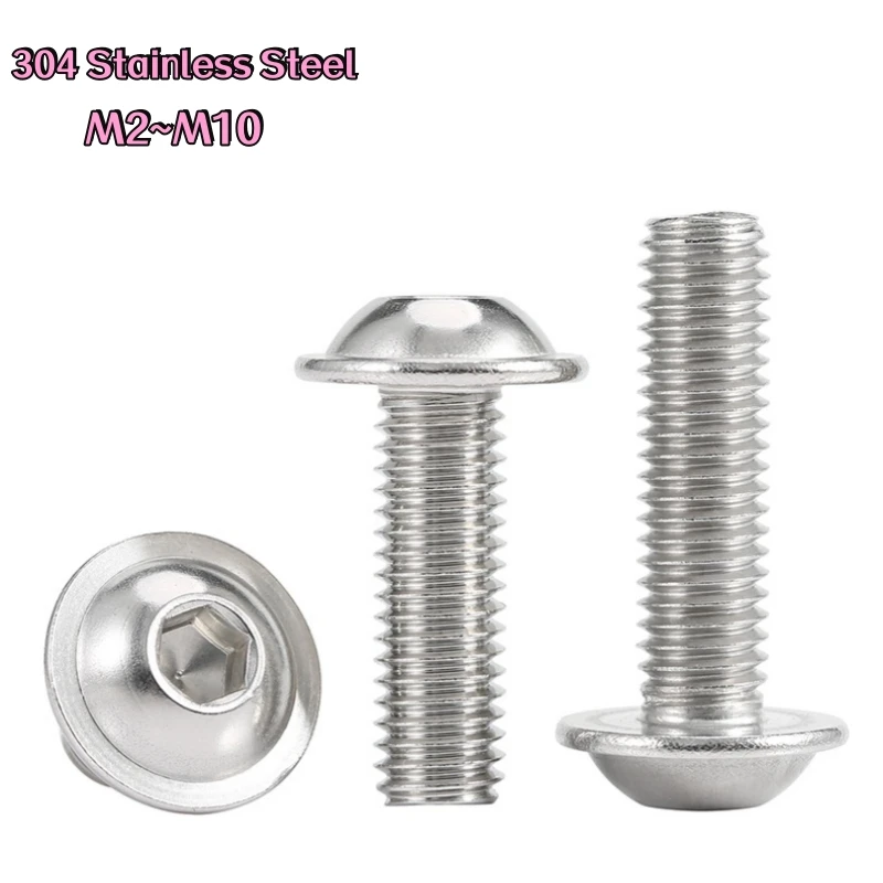 2-100pcs 304 A2 Stainless Steel Hex Hexagon Socket Round Button Flange Head With Washer Collar Screw Bolt M2 M2.5 M3M4M5M6M8 M10
