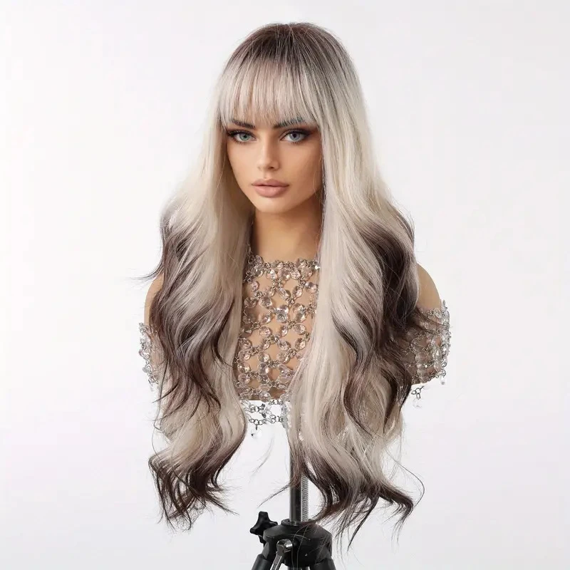 

European American style long curly hair with bangs, gradient black-brown color, elegant suitable for music festivals and
