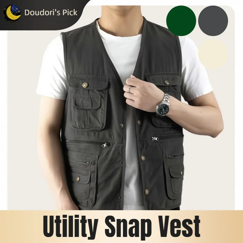 Men's Outdoor Fishing, Camping, and Photography Multi-Pocket Multifunctional Pure Cotton Twill Fabric Snap-Button Vest