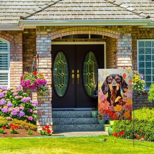 Dachshund Welcome Spring Garden Flag Double Sided, Burlap Small Daisy, 12x18 XXQ
