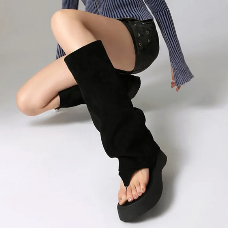 

Women Knee High Thong Gladiator Sandals Boots 2025 Summer Chunky Med Heels Platform Rome Punk Goth Shoes Faux Suede Lady