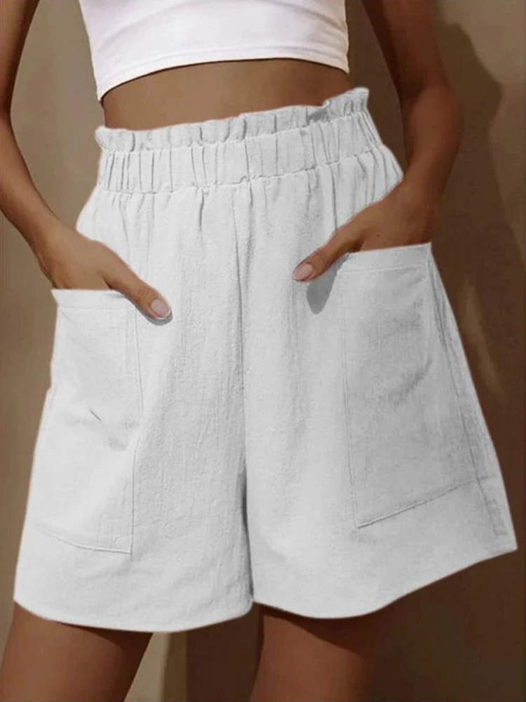 Shorts casuais soltos de tamanho grande para mulheres, calças largas de cintura alta, cor sólida, verão, novo