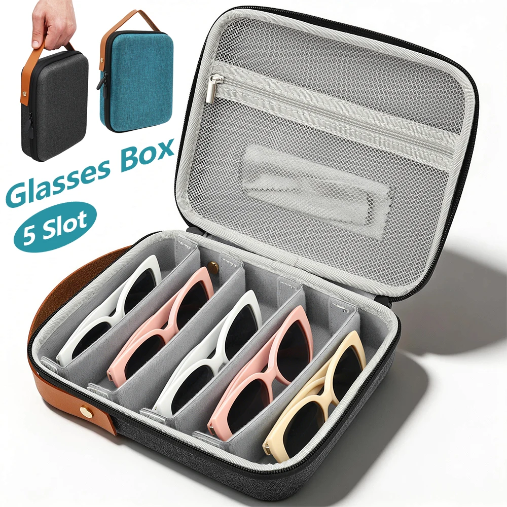 5-Fach Sonnenbrillen-Reiseetui Tragbare Brillenaufbewahrungsbox mit Verstellbaren Fächern Hartschalen-Brillenetui Sonnenbrillen-Organizer