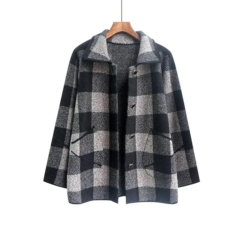 Mode Lente Herfst Plaid Jas Tops Vrouwelijke 2022 Nieuwe Midden-Aged Bejaarde Moeder Gebreide Revers Vest Trui Casual Jack