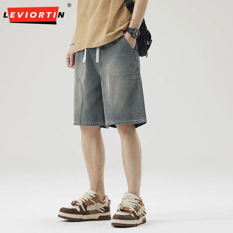 Men's Summer Denim Cargo Shorts Loose Fit Straight Leg Distressed Washed Mid-Length Casual Vintage Shorts with Multiple Pockets