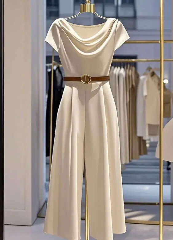 Jumpsuit Satin Elegan untuk Wanita dengan Kerah Lipat Kaki Lebar Romper Kasual Modis