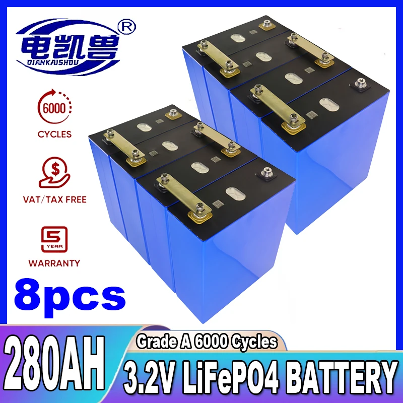 

8 pcs 3.2V 280Ah Cells Brand New Lifepo4 280Ah Battery Grade A 12V 48V 24V Rechargeable Battery Pack with Busbars Solar system