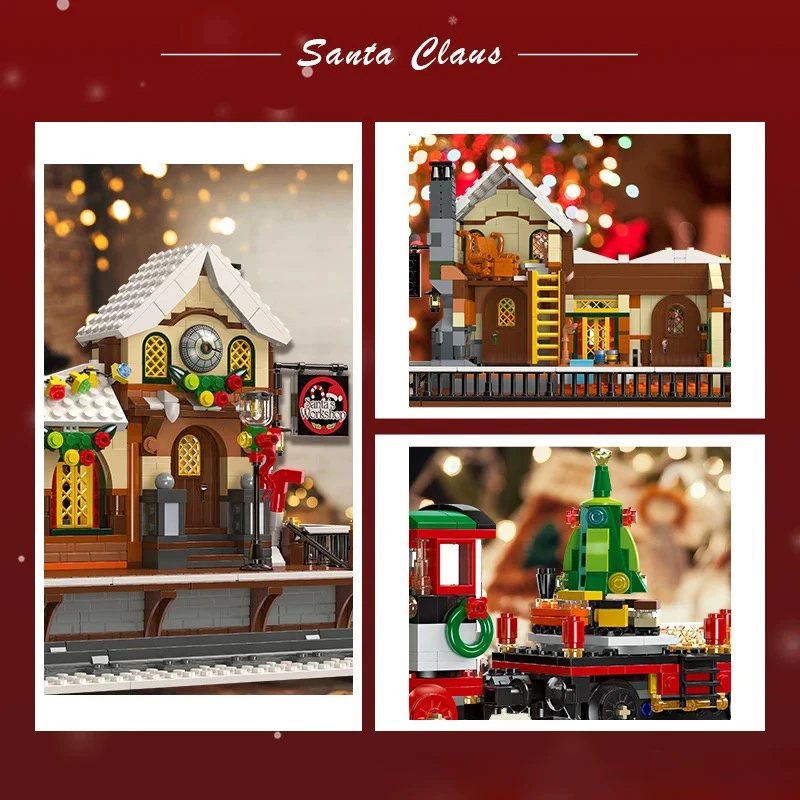 Street View Winter Train Station Building Block City Christmas Rail Train Model Bricks Assembled Toys For Kid Xmas Gift MOC