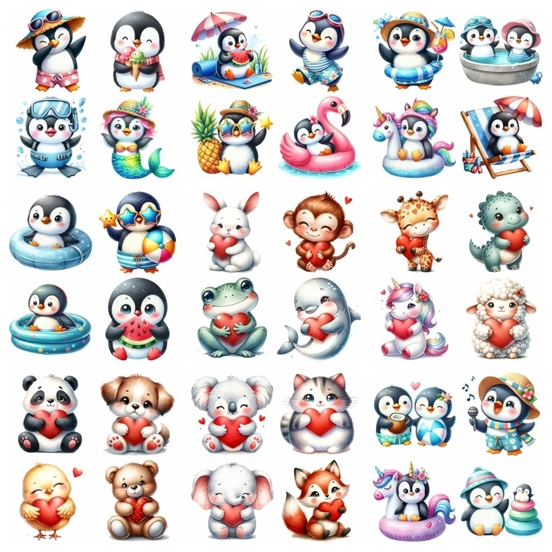 Cartoon Swimming Circle Penguin Iron On Heat Transfer Stickers For Clothes DTF Vinyl Thermal Appliques Washable T-Shirt Deca