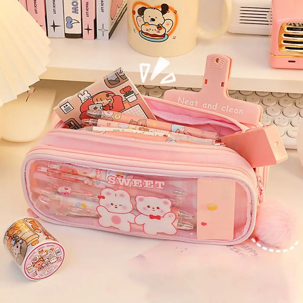 Imagem -03 - Estojo de Lápis Transparente Pvc dos Desenhos Animados Três Camadas Grande Capacidade Kawaii Bolsa Papelaria Coreano Bonito Bolsa de Estudante