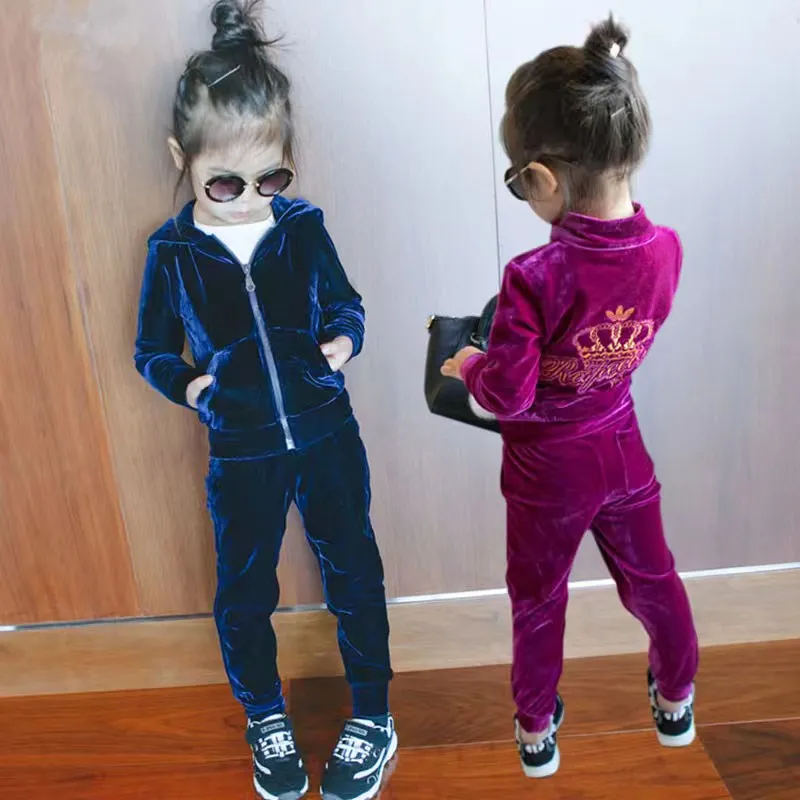 2023 Spring Fall Girls Fashion Velvet Clothing Set Children's Clothes Hooded Jacket + Pants 2 Pcs Baby Kids Sport Suit Sportwear