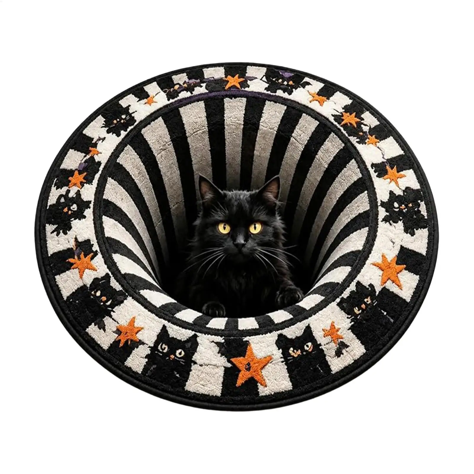 Halloween 3D Visual Vortex Black Cat Print Round Rug Non Slip Waterproof Floor Mat Halloween Spiral Optical Illusion Home decor