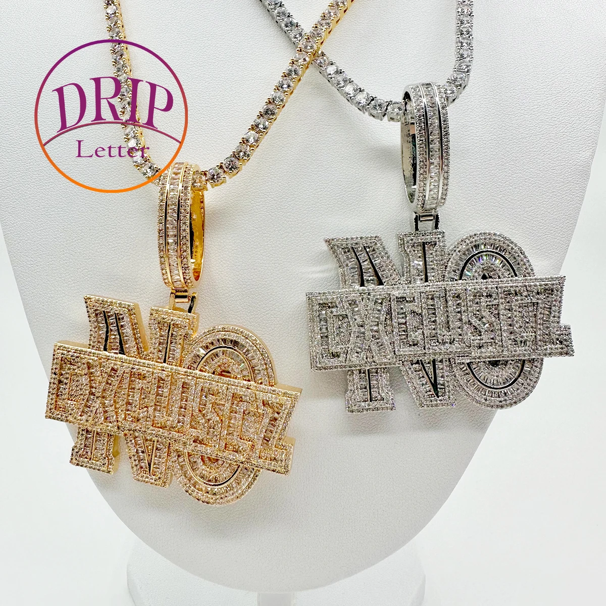 

Drip Letter No Excuse Necklace for Men Iced Out Pendant Real Gold Plated Cubic Zirconia Hip Hop Jewelry