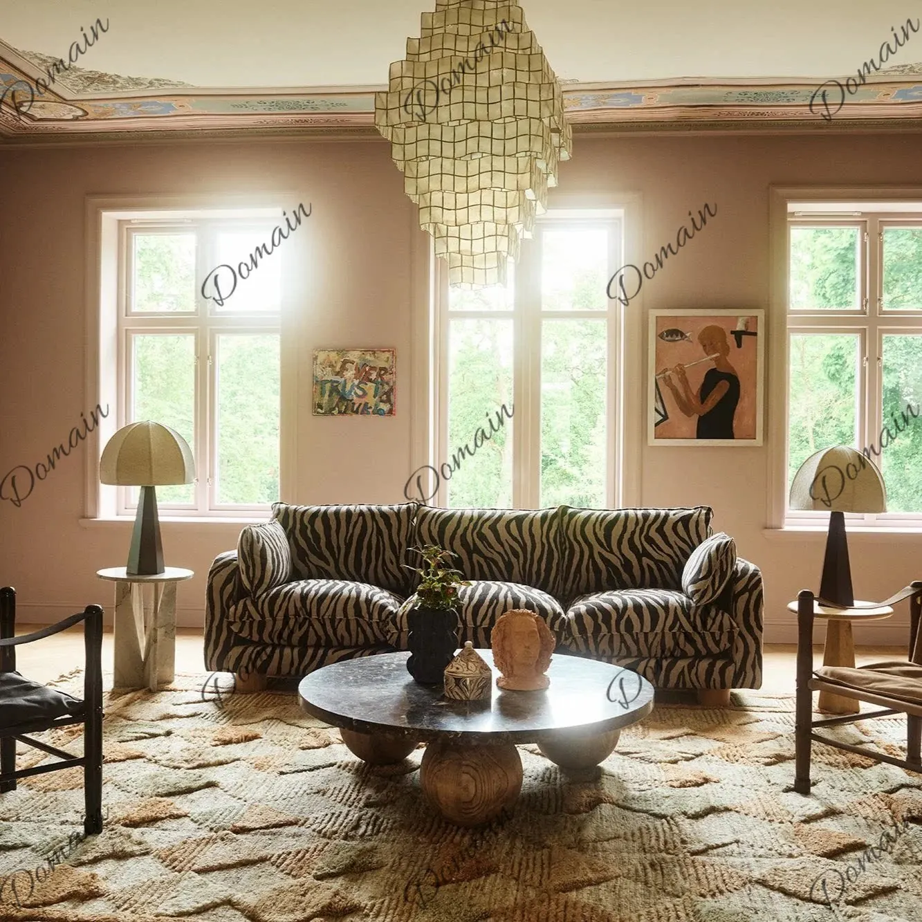 American pastoral sofa antique zebra pattern fabric sofa three-person retro living room furniture straight row small apartment