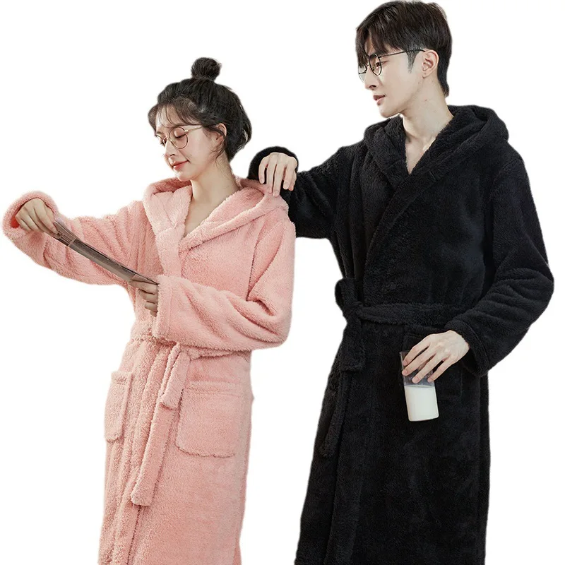 

Couple Pajamas Coral Fleece Pajamas Women's Loungewear Hooded Men's Winter Thickened Long Flannel Suit Cheap Hot Sale