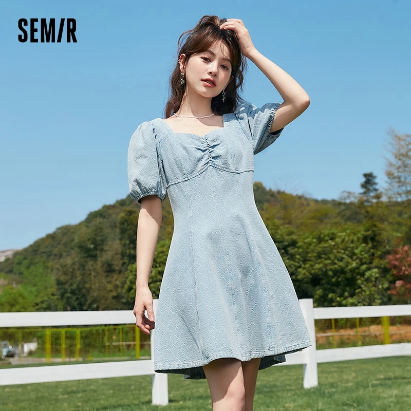 Semir Dress Women Sweet Cool Puff Mouw Zomer 2023 Nieuwe Mode Retro Diamant Jacquard Denim Jurk